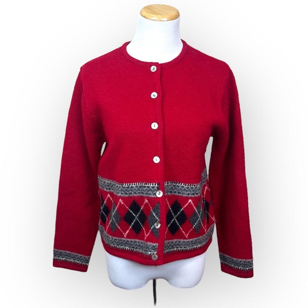 VINTAGE Red Australia Wool Argyle Knit Cardigan Sweater MED KAREN SCOTT Petites